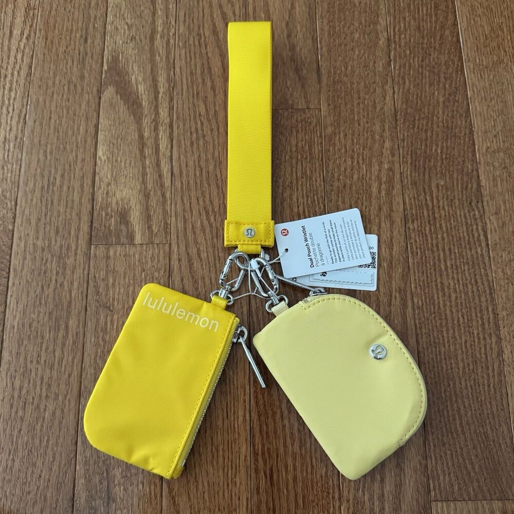 Lululemon Dual Pouch Wristlet Yellow Maize Lemon Silver Keychain Wallet Travel